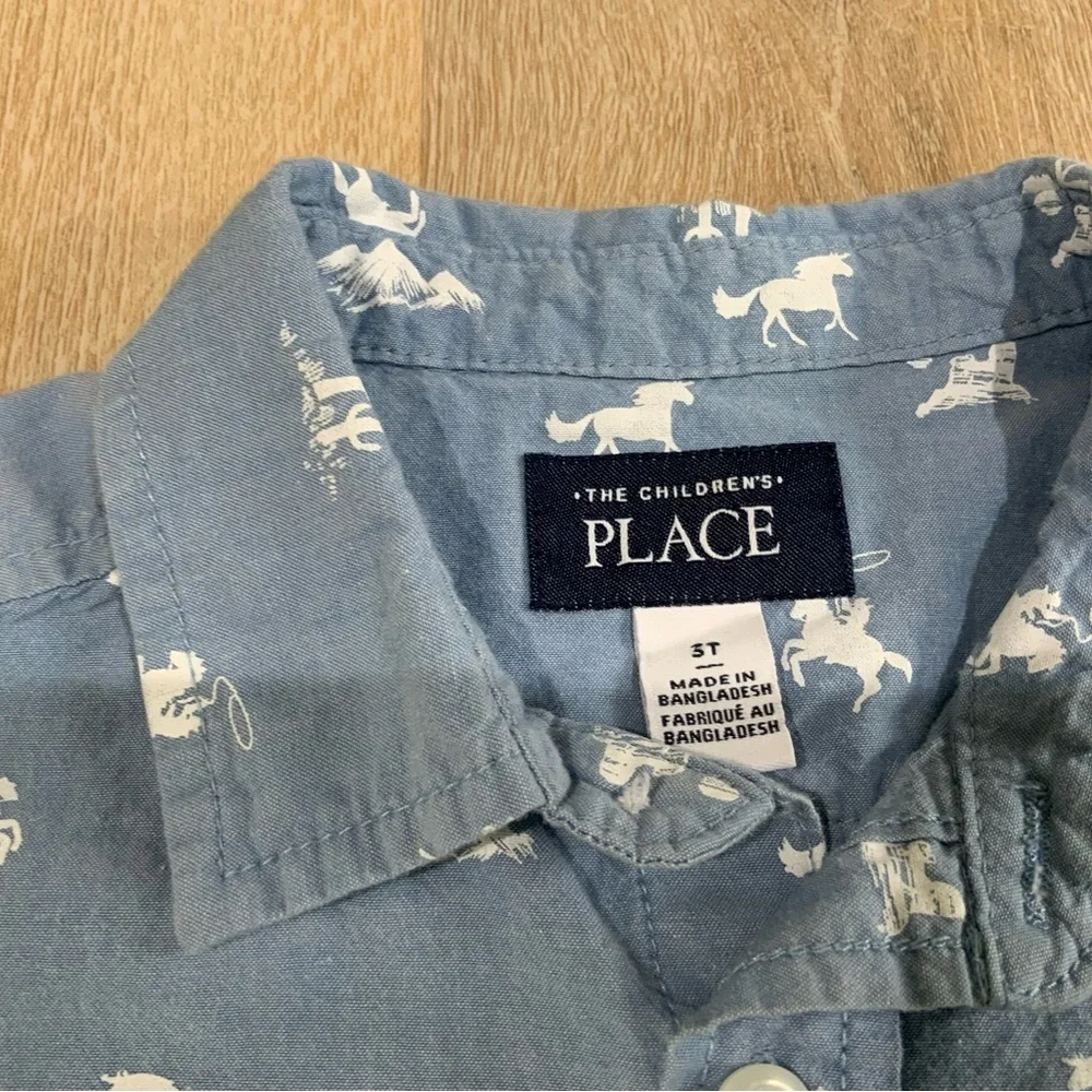 The Children’s Place Boys Dad And Me Horse Poplin Button Up Shirt - Blue Size 3T